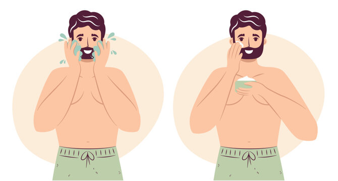 Skincare Routine Concept. Happy Young Man Washes Face With Cleanser And Soap And Applying Face Moisturizing Cream Or Lotion On Cheek,, Handsome Bearded Male Enjoying Skincare Procedure. Men Hygiene