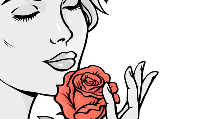 Beautiful girl with a red rose on white background. Close up of a woman face. Cartoon hand drawn black and white illustration. Pop art style banner