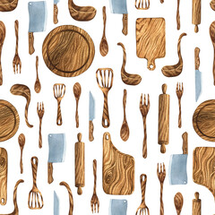 Watercolor seamless pattern with kitchen tools. Watercolor kitchen board, wood soon, fork, knife, rolling pin, spatula. Kitchen background.