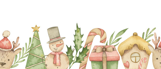 Winter cute seamless border with snowmans, gifts, spruces. Reapeatable frame with winter motiaves