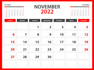 Monthly calendar template for 2022 year - November 2022  year, Week Starts on Sunday, Desk calendar 2022 design, Wall calendar, planner design, stationery, printing media, red background, vector