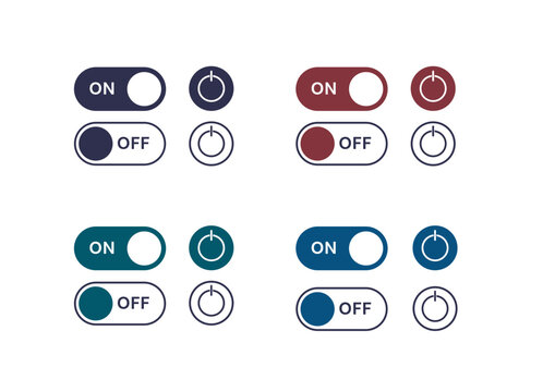 Multicolor on and off toggle switch. Slider buttoms to turn on and off. Solid colour toggle switches for user interface on a touchpad device. Colored power control switch. Vector stock