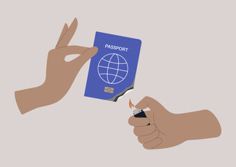 Hands burning a passport as a protest against the government