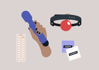 An adult date kit, a gag ball, a vibrating massager, a set of contraceptive pills, and rubber  protection, sex education collection - obrazy, fototapety, plakaty
