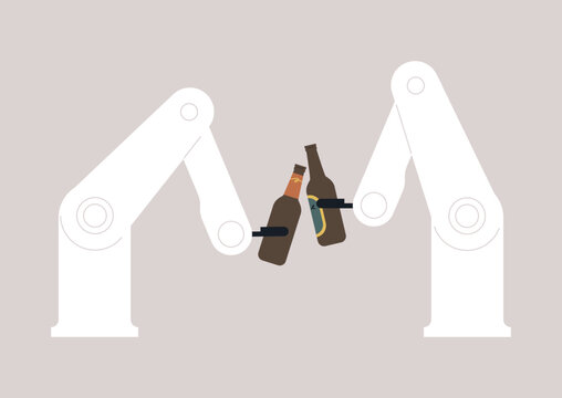 Two Robotic Automated Arms Touching Beer Glasses, A Celebratory Event, Futuristic Robot Friends Drinking Beers