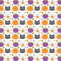 Fototapeta premium Happy halloween seamless pattern background set. Halloween seamless pattern in cartoon comic style. Colored Vector Patterns in Flat style. Hand drawn pattern for Halloween design. cartoon pattern. 