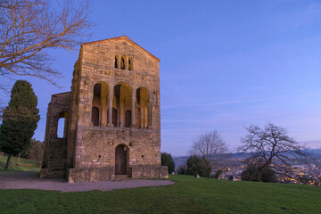 Fototapeta na wymiar View of the church of St Mary at Mount Naranco at night. Oviedo, Asturias, Spain. Europe