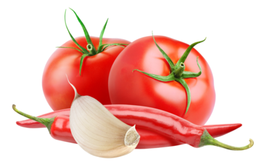 Arabbiata sauce ingredients (tomatoes, red chili peppers and garlic cut out