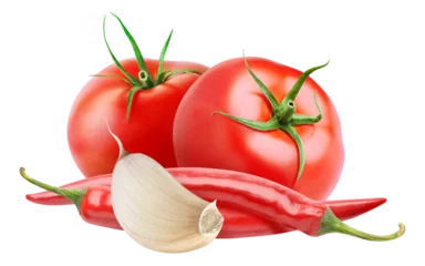 Gardinen Chilischoten Arabbiata sauce ingredients (tomatoes, red chili peppers and garlic cut out  © ChaoticDesignStudio