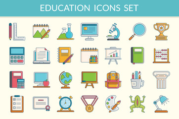 Collection of vector lineal color icons of education. Natural and mathematical science, additional education, tutorship, freelance. Set of flat signs and symbols for web and apps.