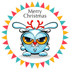 Cute Christmas card with an evil rabbit with deer antlers. Concept for a greeting card, banner or holiday invitation. Vector, illustration