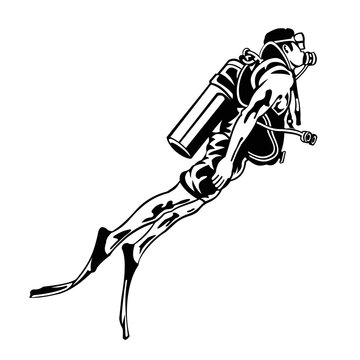 black and white scuba diver swimming clip art preview