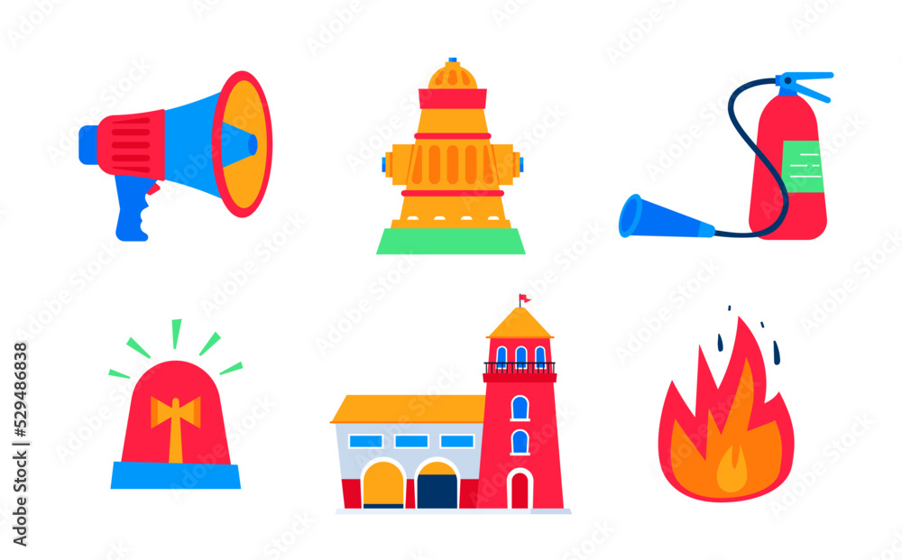 Poster flash fire and extinguishing - flat design style object set
