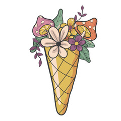 Flowers, mushrooms, branches and leaves in waffle cone ice cream, vector floral illustration. Ice cream. Invite template on white background for your design. Vector illustration.