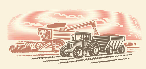 Combine harvester working with tractor. Sketch