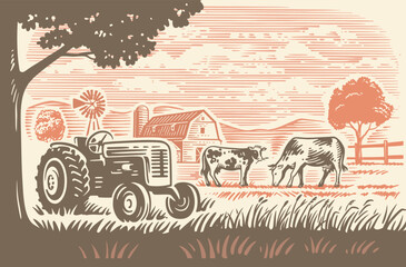 Fototapeta na wymiar Country farm with tractor and cows. Countryside line sketch