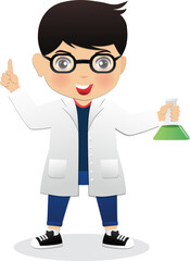 Scientist kids wearing white lab gown holding test tube