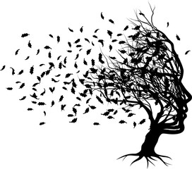 Optical Illusion Tree Face With Leaves Blowing