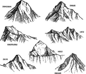 Highest mountains of Himalaya, Nepal hand drawn set vector illustration. Lhotse, Makalu, Kangchenjunga, Cho Oyu, Chomolungma, Dhaulagiri, Chogori pencil sketches isolated on white background - obrazy, fototapety, plakaty