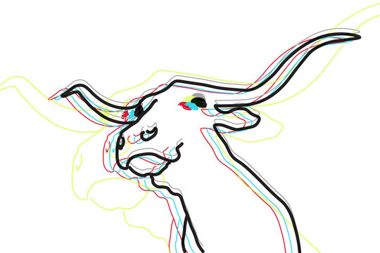 recommend clip art: Pop style line art of Texas longhorn cow with colorful lines on white background for minimalism.