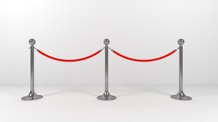 Chrome Stanchions with rope. Image with clipping, 3d rendering. 