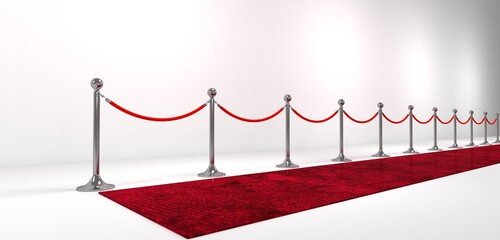 Chrome Stanchions with rope. Image with clipping, 3d rendering. 
