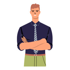 A young man in a dark shirt and tie stands with his arms folded. Confident businessman isolated on white background. Portrait of a smiling manager, office worker. Flat style. Vector illustration.
