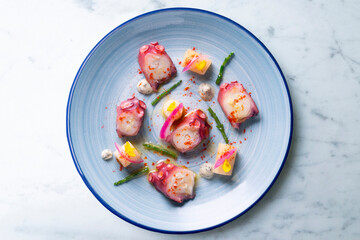 Octopus with potato, purple onion and paprika. Spanish modern tapa.