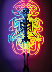 A creepy colourful portrait of a colourful skull for "dia de los muertos", "Day of the dead". Neon colours. Halloween poster idea, invitation card idea.