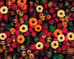 A beautiful floral pattern, to use for cards, invitations or illustration on "Dia de los muertos", Day of the dead, Halloween.