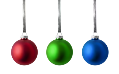 Christmas ornaments isolated on white background. Set of red, green and blue christmas balls hanging on silver ribbon