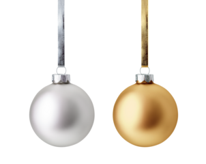Christmas ornaments isolated on white background. Set of silver and gold christmas balls hanging on ribbon