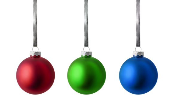 Christmas ornaments isolated on white background. Set of red, green and blue christmas balls hanging on silver ribbon