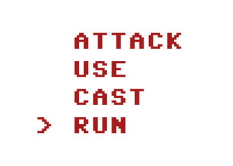 A typical list of actions from a fake retro 8-bit video game: attack, use, cast, run (choice marked with an arrow). Red text, isolated.

