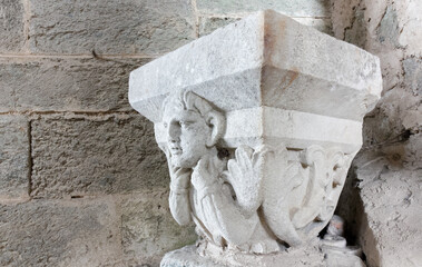 Ancient stone decorative element in the interior of the Sacra di San Michele abbey in Piedmont, Italy