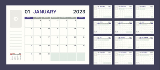 2023 calendar planner set for template corporate design week start on Sunday in color of the year.	
 - obrazy, fototapety, plakaty