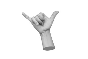 Female hand showing two fingers signifying the shaka gesture isolated on white background. Hawaiian...