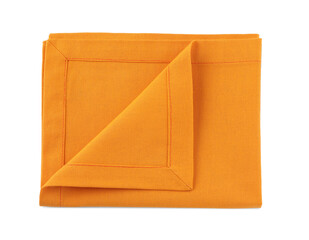 New clean orange cloth napkin isolated on white, top view