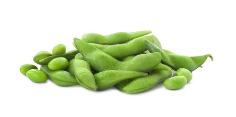 Fresh green edamame pods and beans on white background
