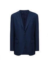 Ghost mannequin. Blue men's classic suit jacket without human model isolated on white background. Double breasted button blazer with pockets for male. 3d voluminous cloth. Template, mock up