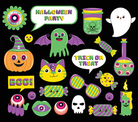 Halloween set of patches in cartoon comic style. Halloween sticker pack. Halloween Funny trendy retro style comic characters sticker. Vintage Halloween character design sticker pack. 