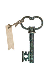 Alter, verzierter Schlüssel mit einem Schlüsselanhänger aus Holz mit Platz für Text 