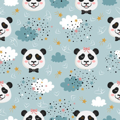 Seamless pattern with cute pandas, stars, hearts and clouds. Background with teddy bears in vector. Suitable for children's textiles, fabrics, wrapping paper, postcards.