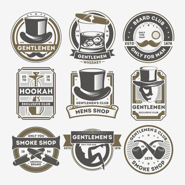 Gentleman vintage label set isolated vector illustration. Smoke shop badge, beard club logo, only for man symbol. Gentleman emblem collection with cylinder hat, cigar, whiskey, mustache, smoking pipe