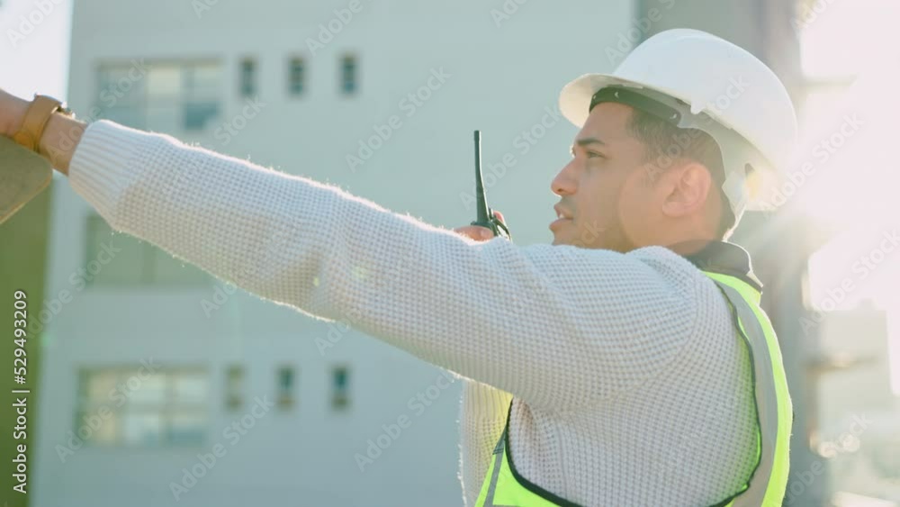 Aufkleber Planning, building and construction worker talking on a radio walkie talkie, industrial and development management. Architect sharing vision for design and structure goals while explain a project