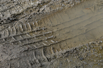 Close up of car tire tracks on a dirt road with watery mud after rain