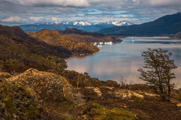 Beautiful landscape Patagonia mountains glacier lake river forests and waterfalls. Chile,Argentina.