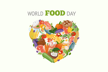 World Food Day. Different fresh food are laid out in shape of hearton banner or greeting card. - obrazy, fototapety, plakaty