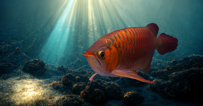 Asian red arowana fish in river. Arowana swim in freshwater aquarium.