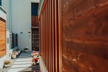 Entering a modern house with wooden details